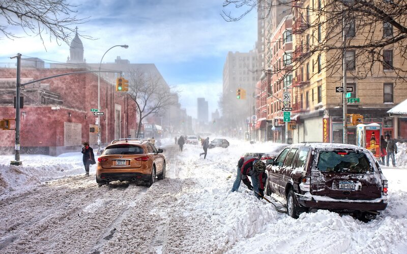 Snow-covered city street after storm