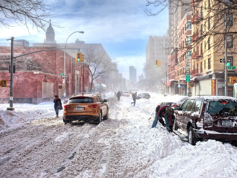Snow-covered city street after storm