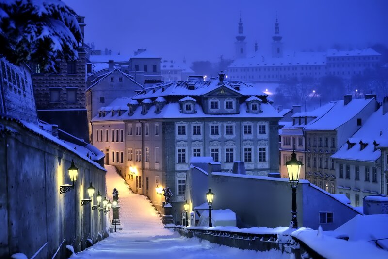 Snow-covered City Street — Blue