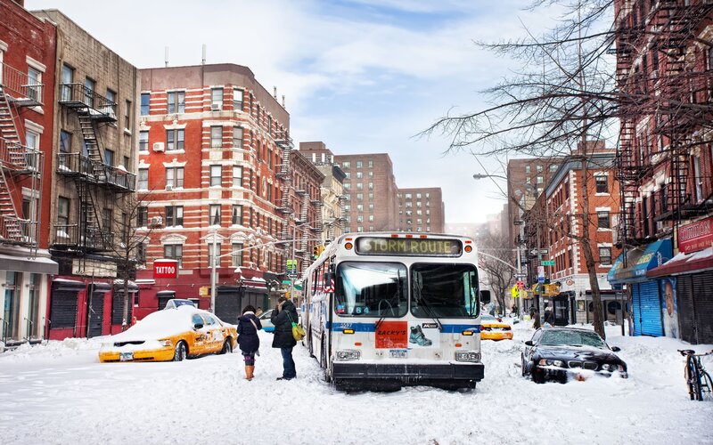 Snow-covered City Street — White, Cold, Winter, Photograph, Bus, Taxi, Buildings, Red