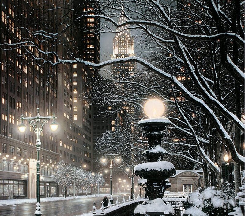 Snow-covered City Street — White, Serene, Night