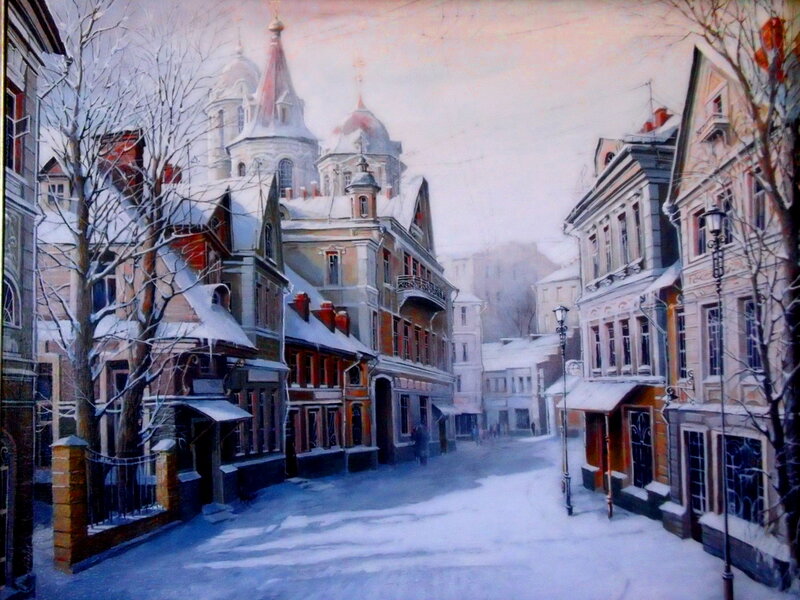 Snow-covered City Street — White, Serene, Winter, Painting