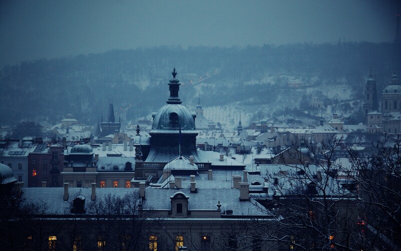 Snow-covered Cityscape — Blue, Cold, Winter, Photograph, Buildings