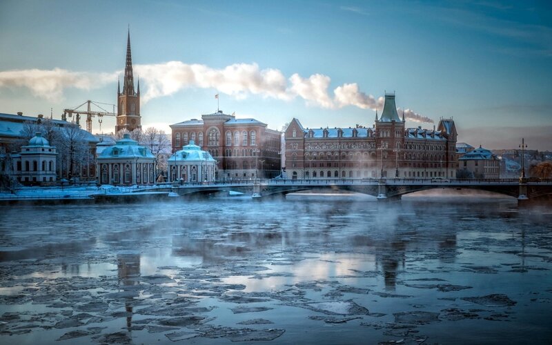 Snow-covered Cityscape — Blue, Cold, Winter, Photograph, River