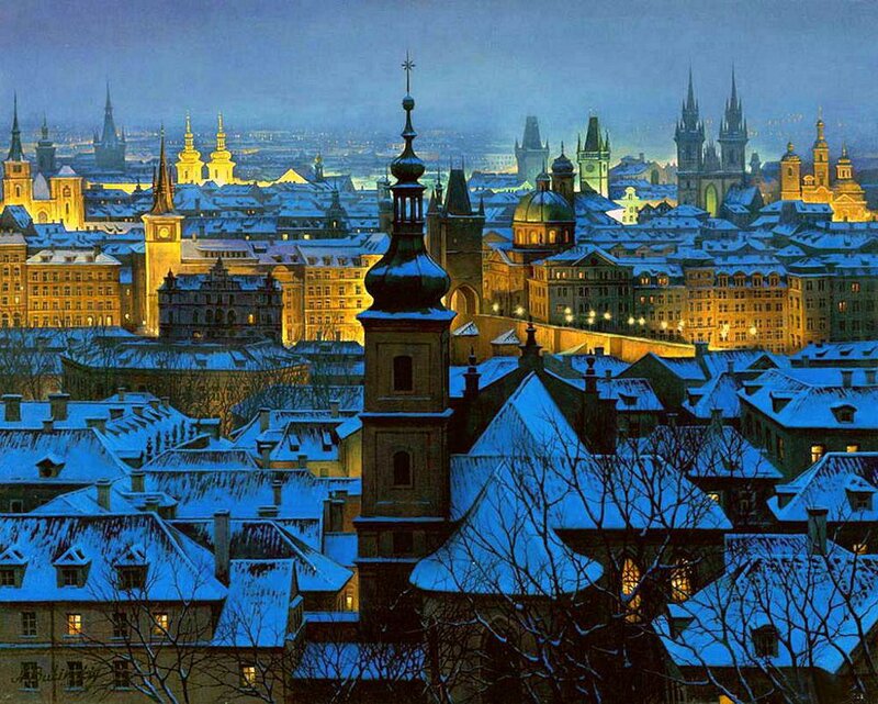Snow-covered Cityscape — Blue, Serene, Night