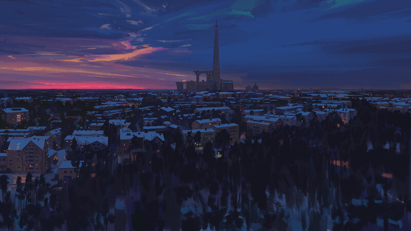 Snow-covered Cityscape — Blue, Serene, Sunset