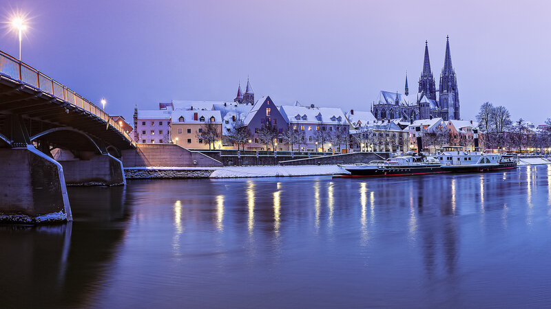 Snow-covered Cityscape — Blue, Serene, Winter