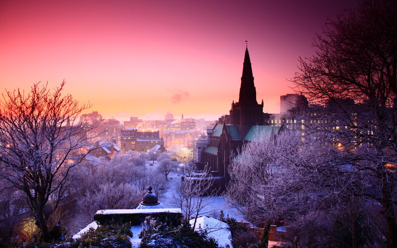 Snow-covered Cityscape — Pink, Dramatic