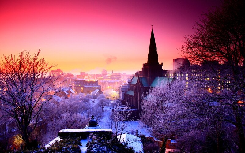 Snow-covered Cityscape — Pink, Dramatic, Winter