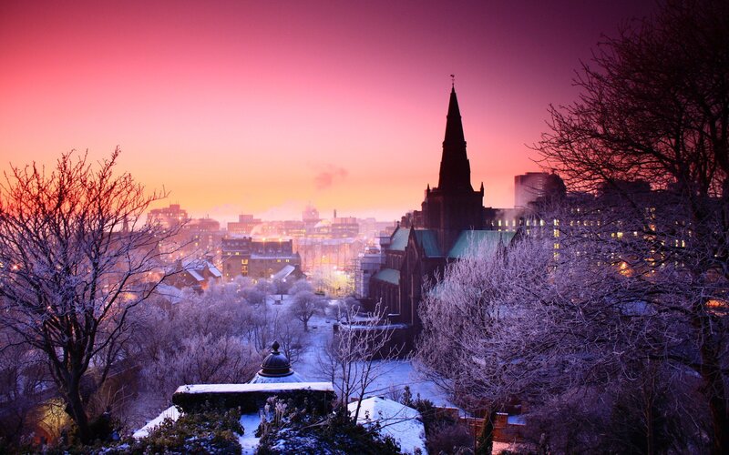 Snow-covered Cityscape — Pink, Serene