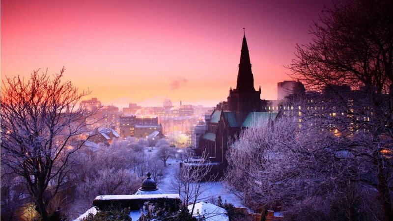 Snow-covered Cityscape — Pink, Serene, Winter