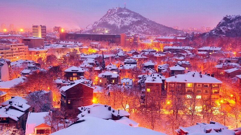 Snow-covered Cityscape — Purple, Serene
