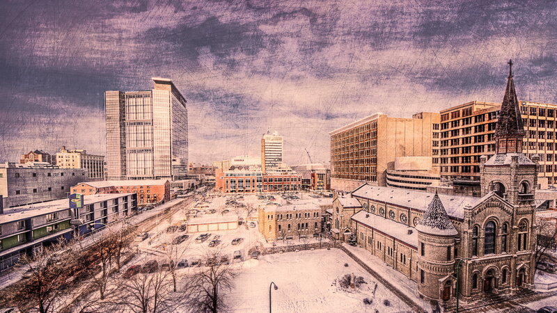 Snow-covered Cityscape — Purple