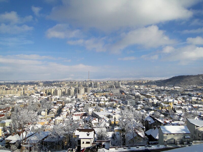 Snow-covered cityscape view