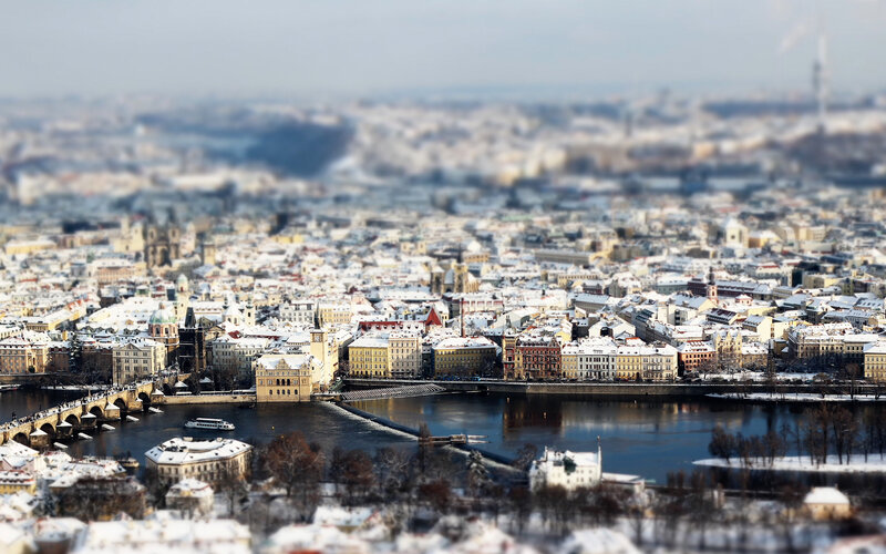Snow-covered Cityscape — White, Serene, Winter, Photograph, River