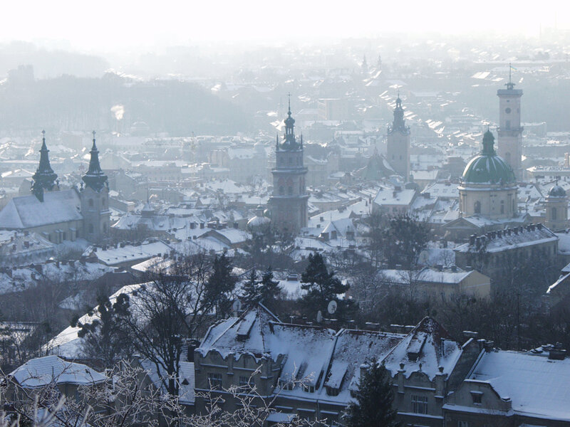 Snow-covered Cityscape — White, Serene, Winter, Photograph