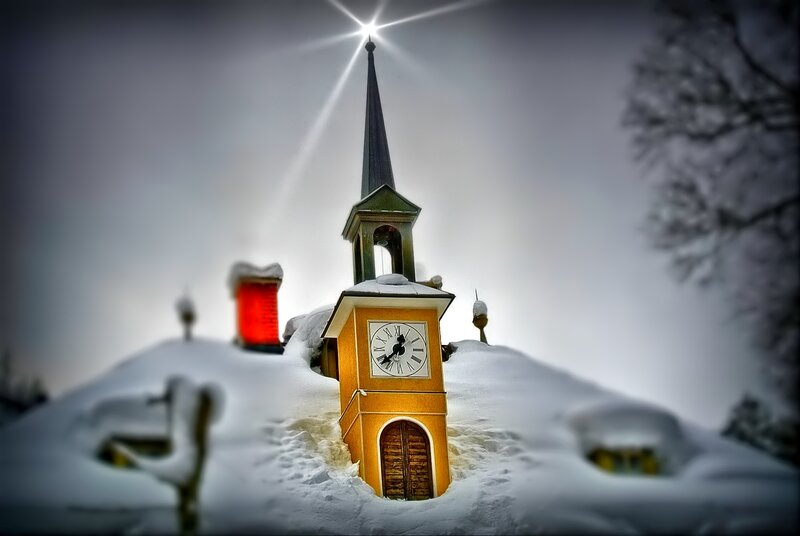 Snow-covered Clock Tower — White