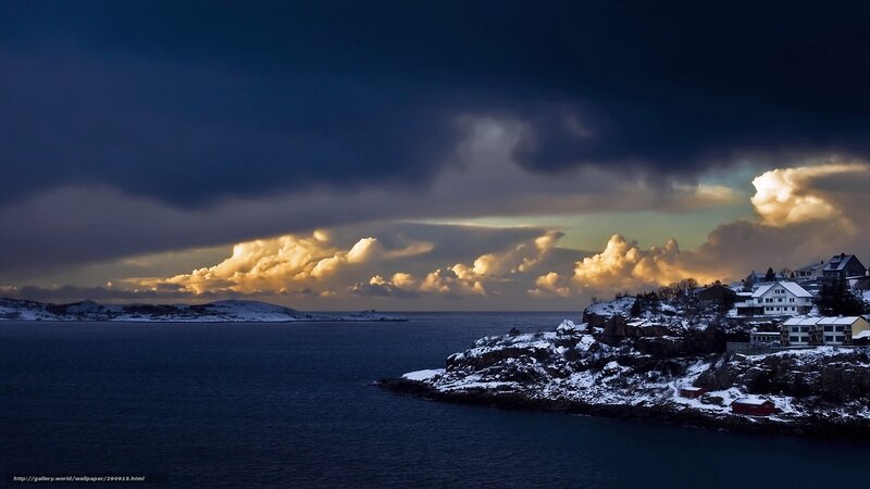 Snow-covered Coastal Village — Blue, Dramatic, Winter