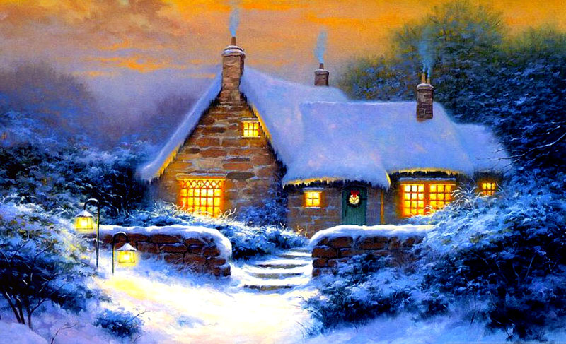 Snow-covered Cottage — Blue, Cozy, Night