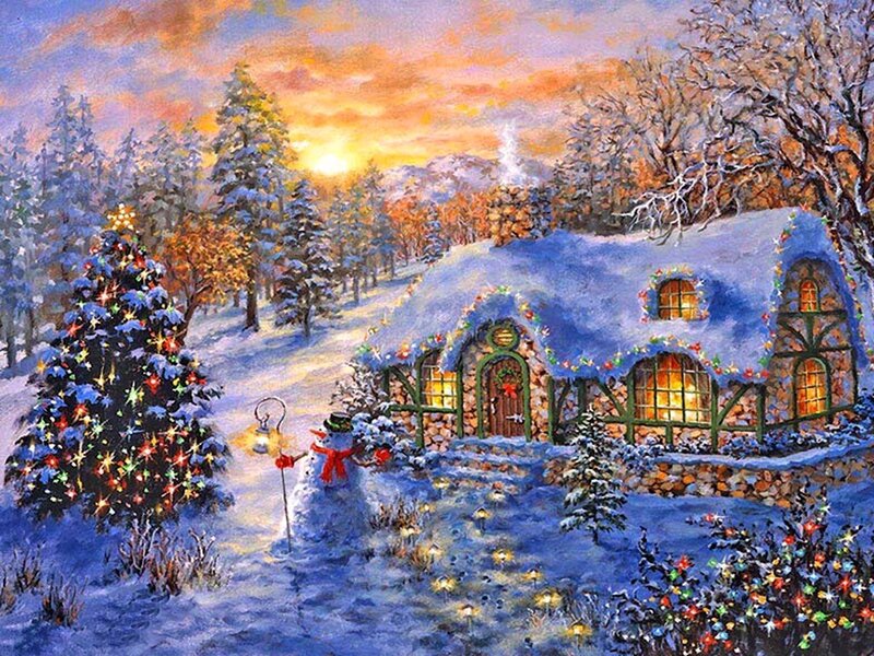 Snow-covered Cottage — Blue, Festive
