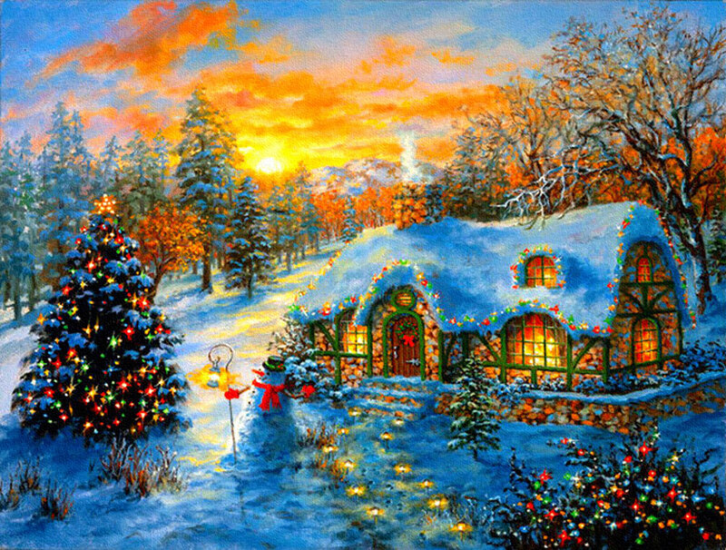 Snow-covered Cottage — Blue, Festive, Winter
