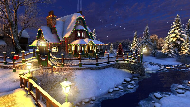 Snow-covered Cottage — Blue, Peaceful, Night, 3d Render
