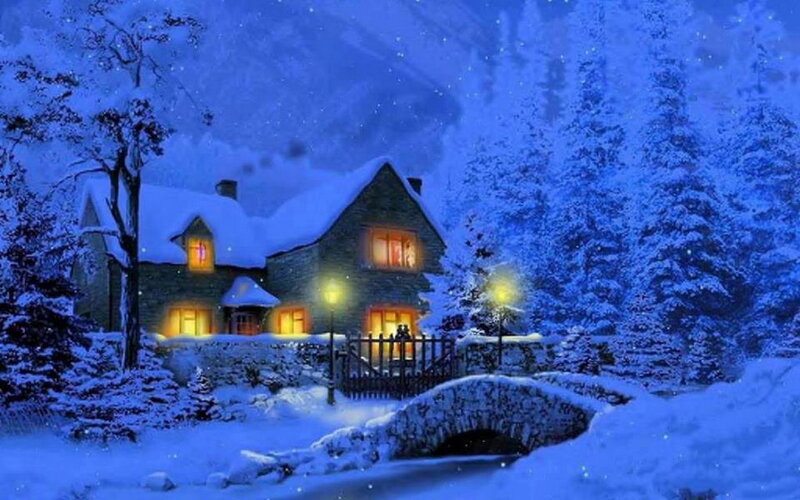 Snow-covered Cottage — Blue, Peaceful, Night, Digital Art