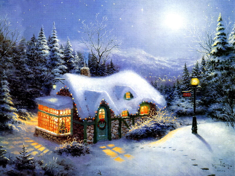 Snow-covered Cottage — Blue, Peaceful, Night, Painting