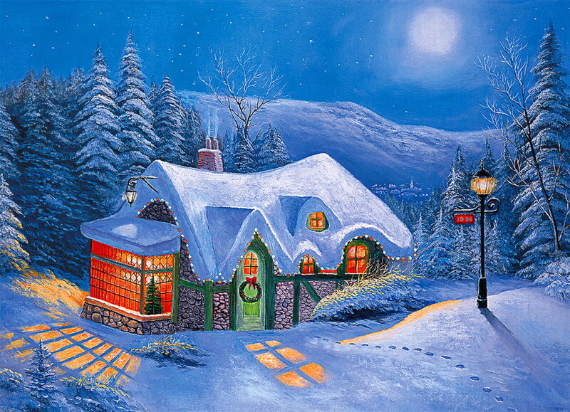 Snow-covered Cottage — Blue, Peaceful, Night, Painting, Trees