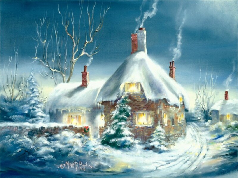 Snow-covered Cottage — Blue, Peaceful, Night