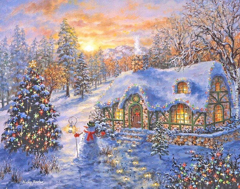 Snow-covered Cottage — Blue, Peaceful