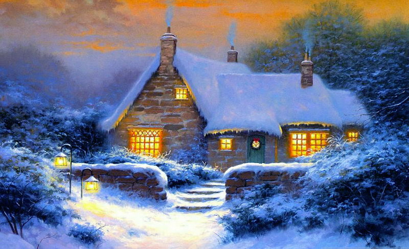 Snow-covered Cottage — Blue, Peaceful, Winter, Painting