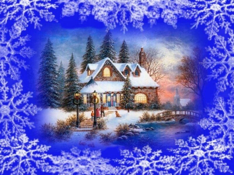 Snow-covered Cottage — Blue, Peaceful, Winter, Painting, Trees