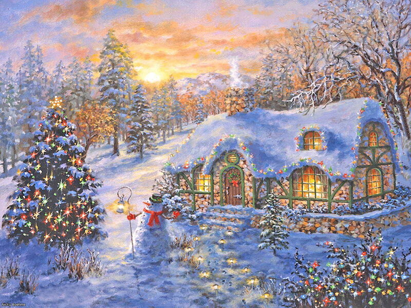 Snow-covered Cottage — Blue, Peaceful, Winter