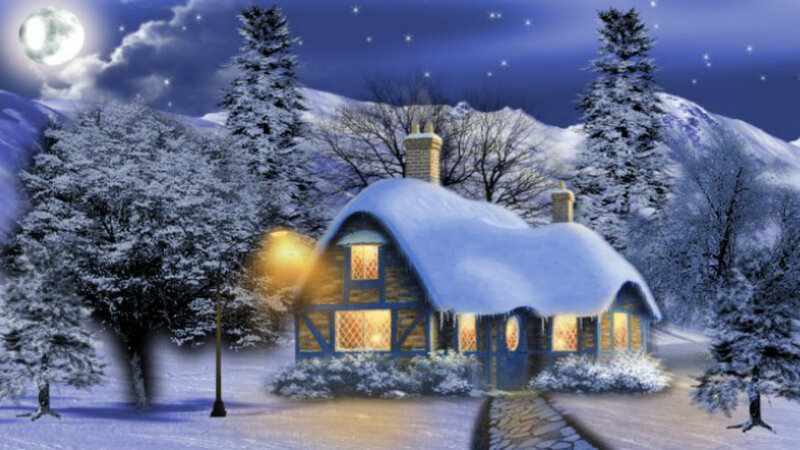 Snow-covered Cottage — Blue, Serene, Night, Digital Art, Moon