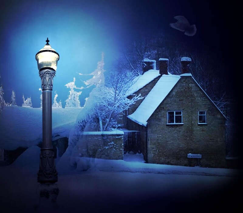 Snow-covered Cottage — Blue, Serene, Night, Digital Art, Street Lamp