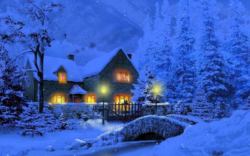 Snow-covered Cottage — Blue, Serene, Night, Digital Art