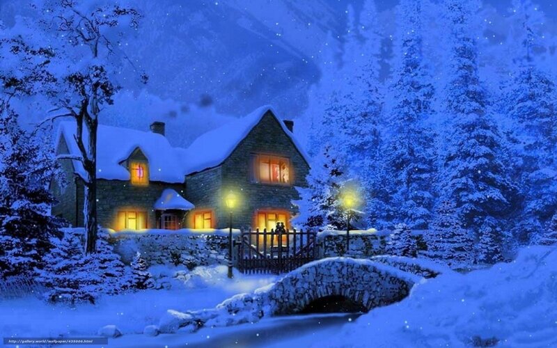 Snow-covered Cottage — Blue, Serene, Night, Digital Art, Trees, Bridge