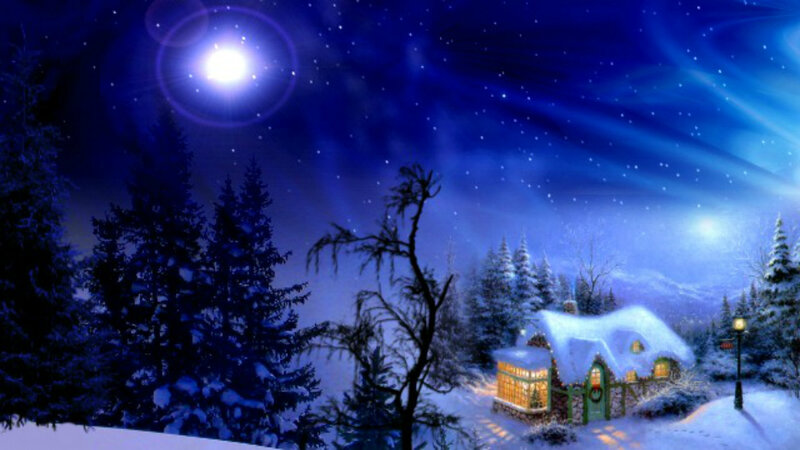 Snow-covered Cottage — Blue, Serene, Night, Digital Art, Trees