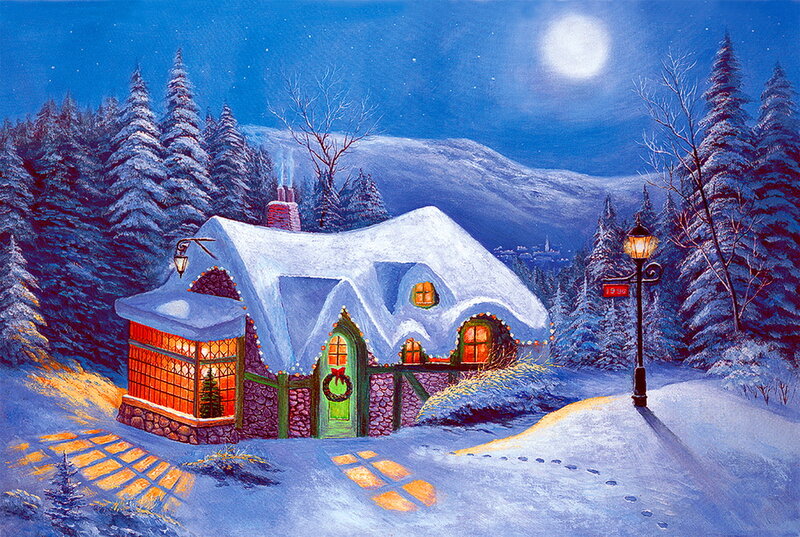 Snow-covered Cottage — Blue, Serene, Night, Painting