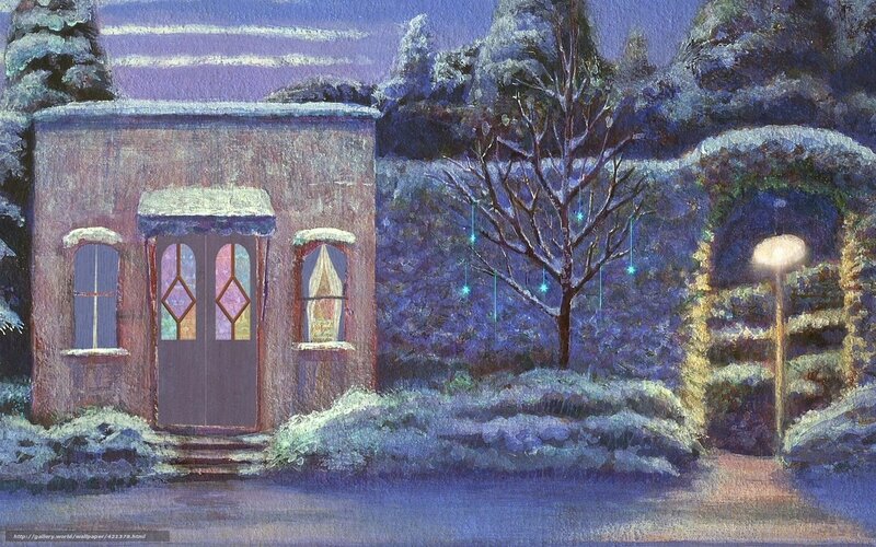 Snow-covered Cottage — Blue, Serene, Night, Painting, Tree
