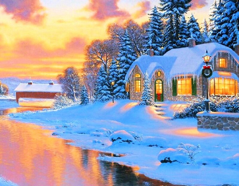 Snow-covered Cottage — Blue, Serene, Sunset