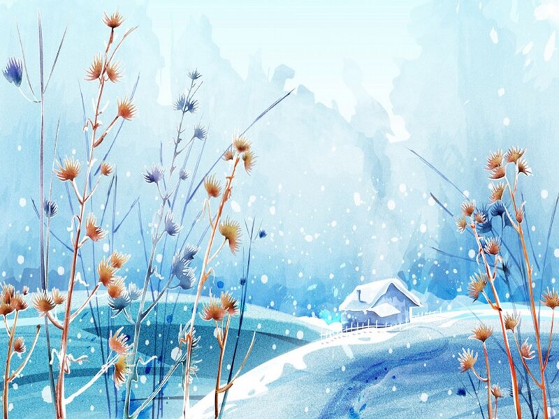 Snow-covered Cottage — Blue, Serene, Winter, Illustration