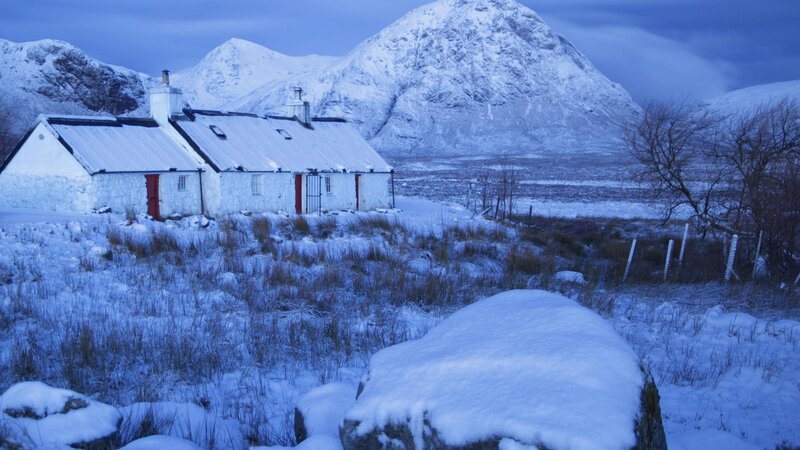 Snow-covered Cottage — Blue, Serene, Winter, Photograph