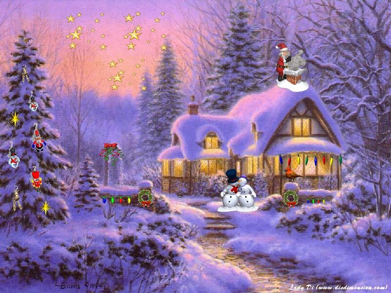 Snow-covered Cottage — Purple, Festive