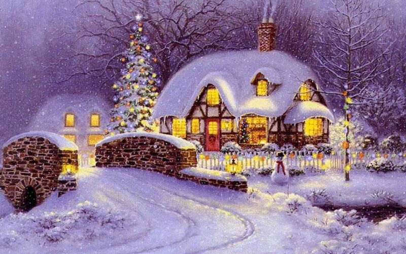 Snow-covered Cottage — Purple, Peaceful, Night, Painting, Christmas Tree