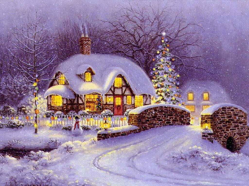 Snow-covered Cottage — Purple, Peaceful, Night