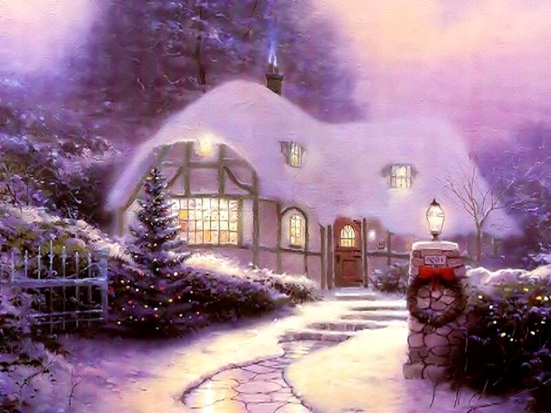 Snow-covered Cottage — Purple, Peaceful, Winter