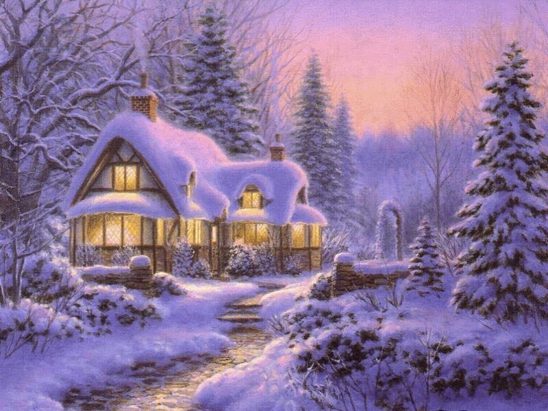 Snow-covered Cottage — Purple, Serene