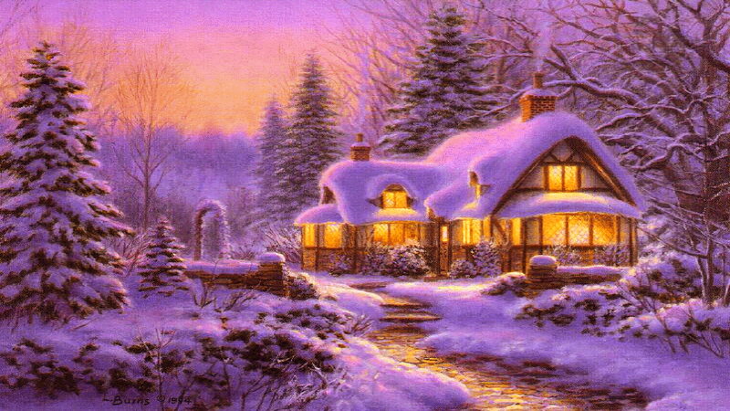Snow-covered Cottage — Purple, Serene, Winter